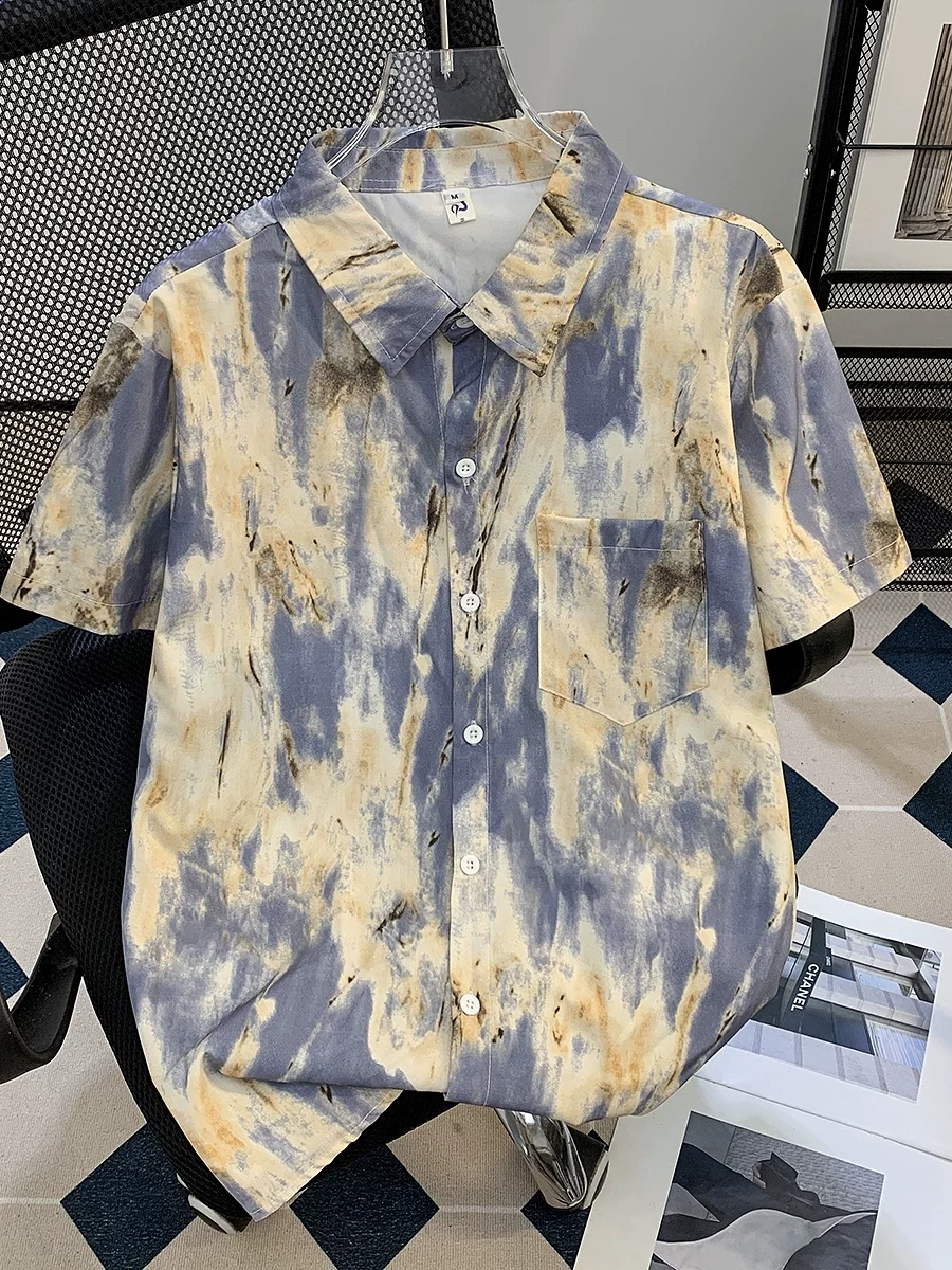 Áo sơ mi ngắn tay chất liệu lụa băng nhuộm tie-dye dành cho nam, áo kiểu Mỹ mùa hè rộng rãi thoải mái, áo kiểu Hawaii phóng khoáng