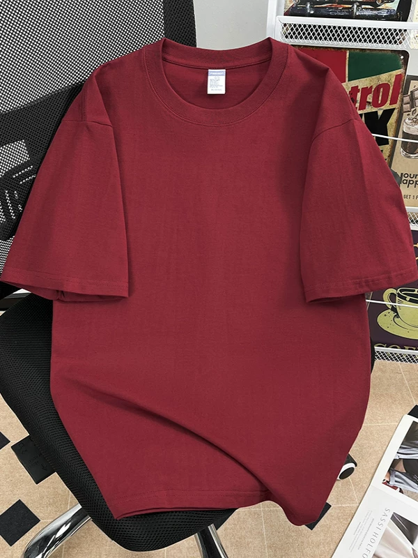 Áo thun cotton nguyên chất 240G dày dặn, tay lửng, vai xuôi, màu trơn, áo thun đôi tay ngắn, áo kiểu dáng rộng thời trang dành cho nam.