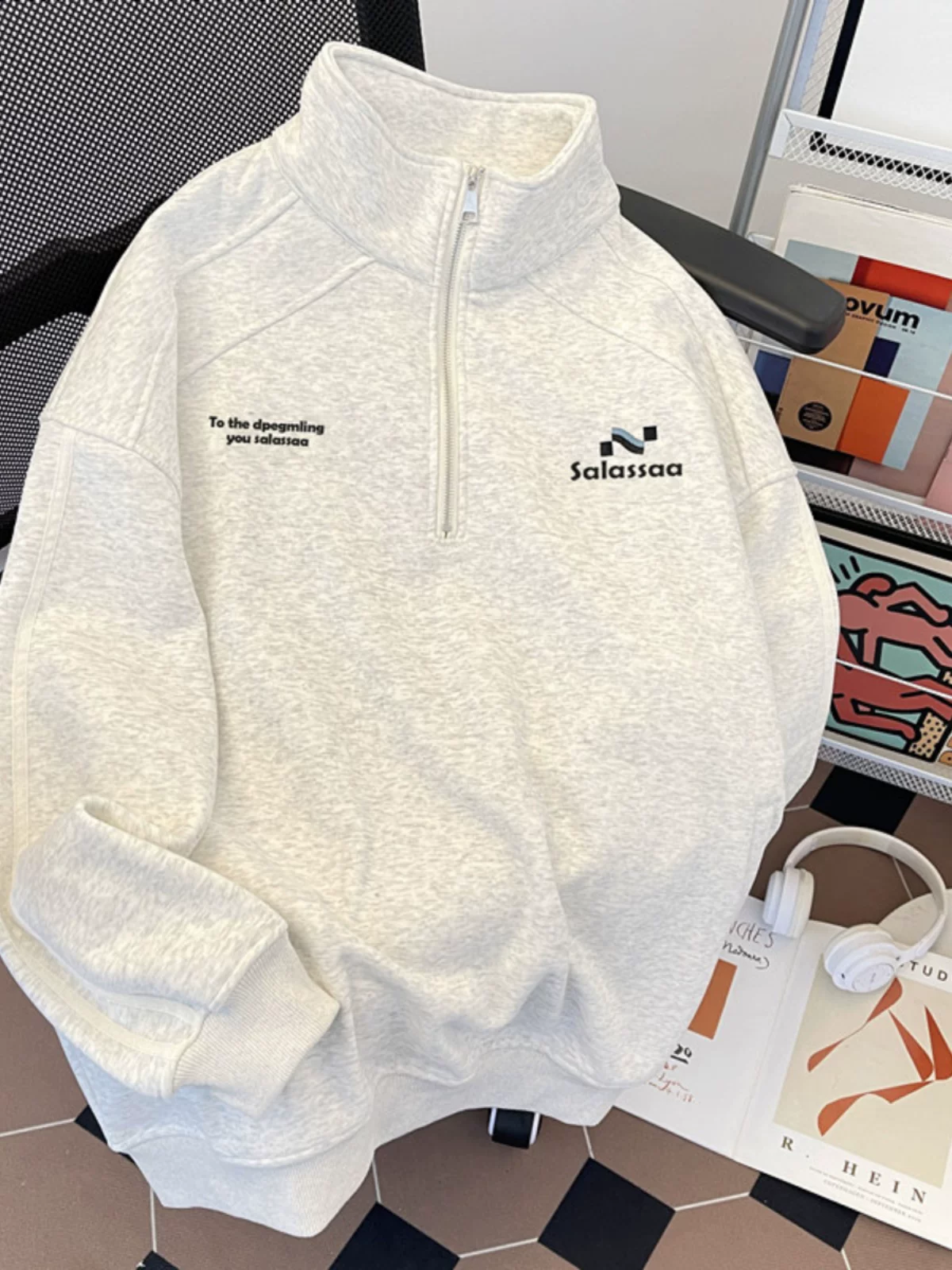 Áo nỉ dày dặn dành cho nam, mùa thu đông, dáng rộng, cổ đứng, áo khoác nửa khóa kéo, chất liệu nặng, phong cách Mỹ, thương hiệu thời trang, áo khoác đôi.