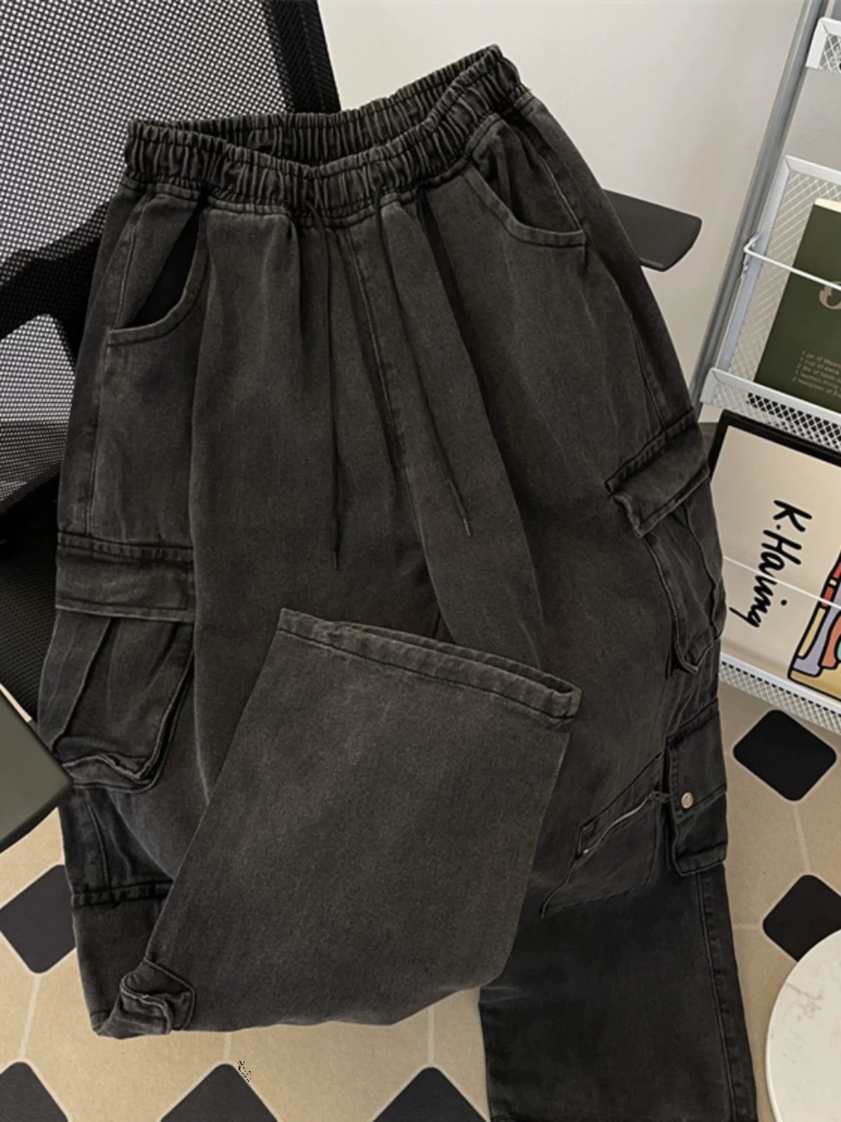 Quần jean nam nhiều túi đa năng, phong cách Mỹ mùa thu đông, quần công sở thời thượng, quần dài ống rộng thoải mái.