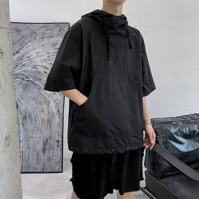 Áo sơ mi nam màu trơn phong cách Harajuku, áo có mũ thời trang Hàn Quốc mùa hè, áo sơ mi ngắn tay dáng rộng thương hiệu thời thượng.