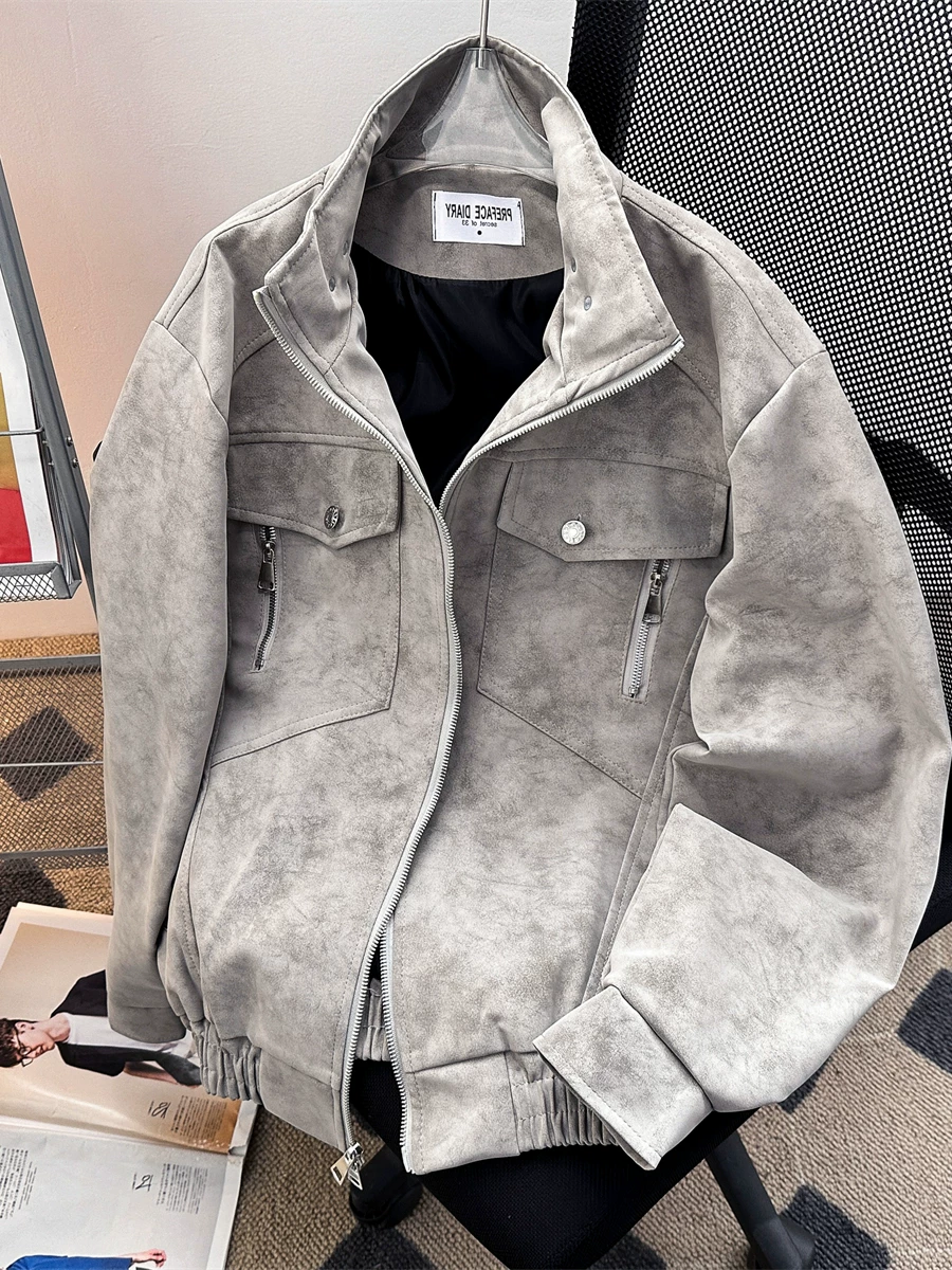 Áo khoác da kiểu Mỹ dành cho nam, mùa xuân, cao cấp, áo khoác da PU cá tính và thời trang, áo khoác Harrington cổ đứng kiểu dáng gọn gàng.