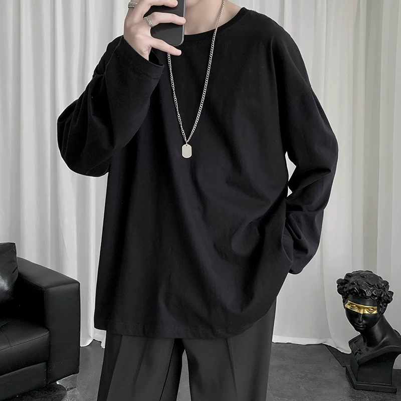 Áo thun dài tay phong cách xuân thu dành cho nam, áo thun trơn cổ tròn, áo kiểu học sinh Hàn Quốc dáng rộng hợp thời trang.