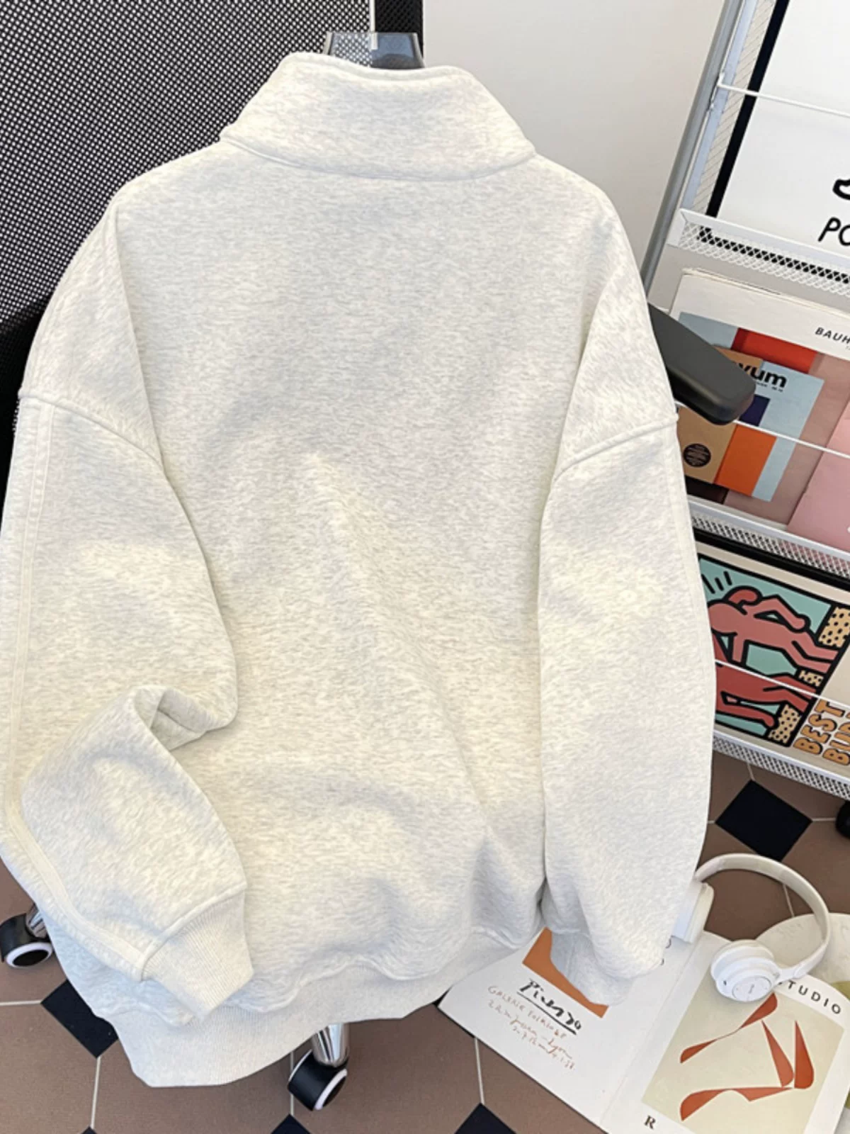 Áo nỉ dày dặn dành cho nam, mùa thu đông, dáng rộng, cổ đứng, áo khoác nửa khóa kéo, chất liệu nặng, phong cách Mỹ, thương hiệu thời trang, áo khoác đôi.