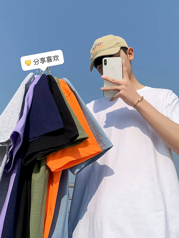 Áo thun ngắn tay cho nam, thương hiệu thời thượng, dáng rộng, áo thun nửa tay cotton nguyên chất hợp thời trang, phong cách Hồng Kông mùa hè, trang phục màu trơn đơn giản và đa năng.