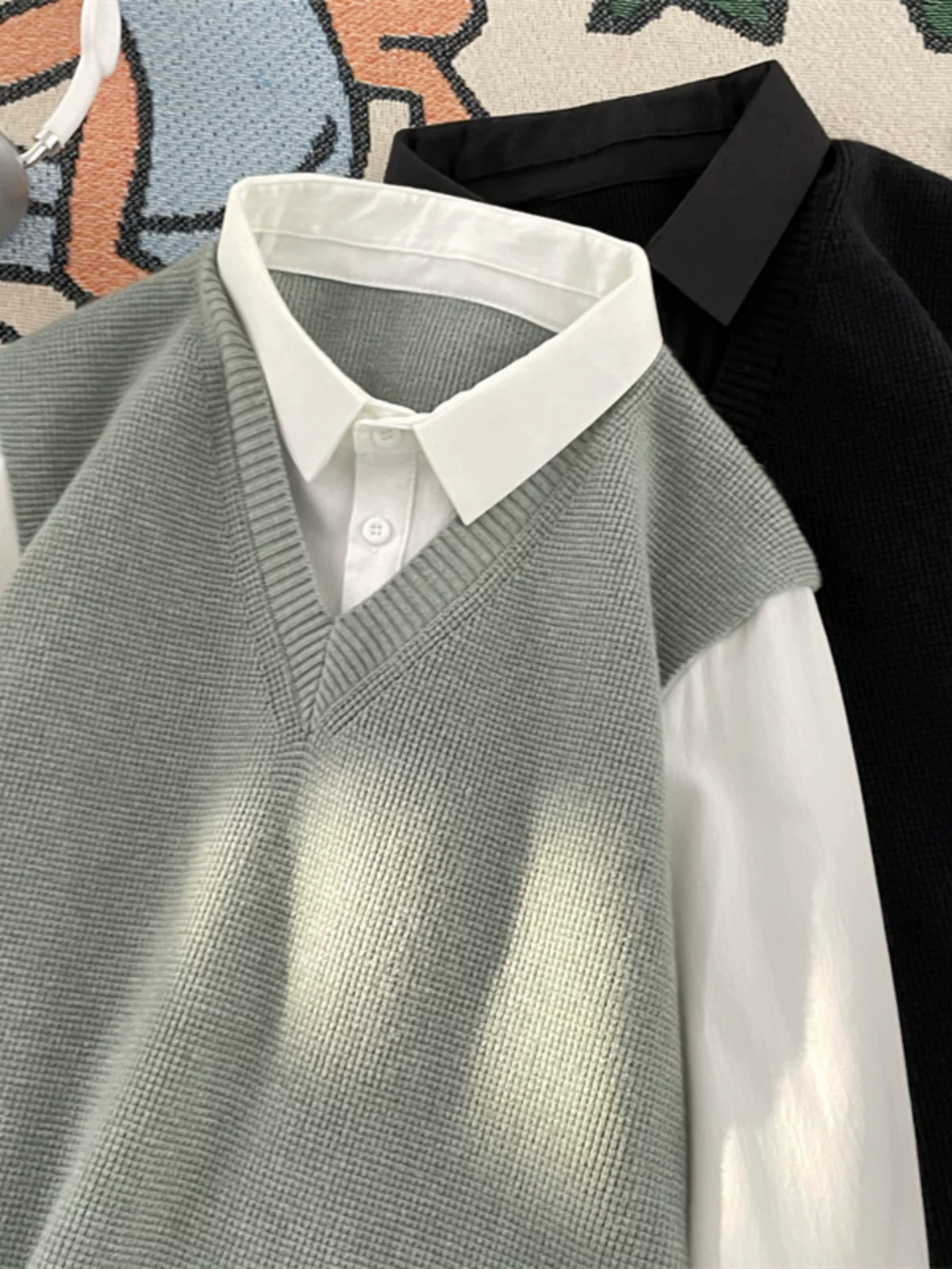 Áo sơ mi giả hai mảnh kiểu Nhật dành cho nam, áo len dệt kim thời trang xuân thu, áo sơ mi dáng rộng phong cách Mỹ.