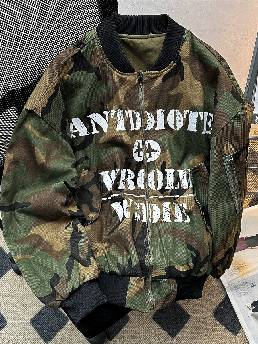 Áo khoác ngụy trang có thể đảo ngược dành cho nam, áo khoác bóng chày dáng rộng hợp thời trang mùa xuân thu, áo khoác phi công in họa tiết retro kiểu Mỹ