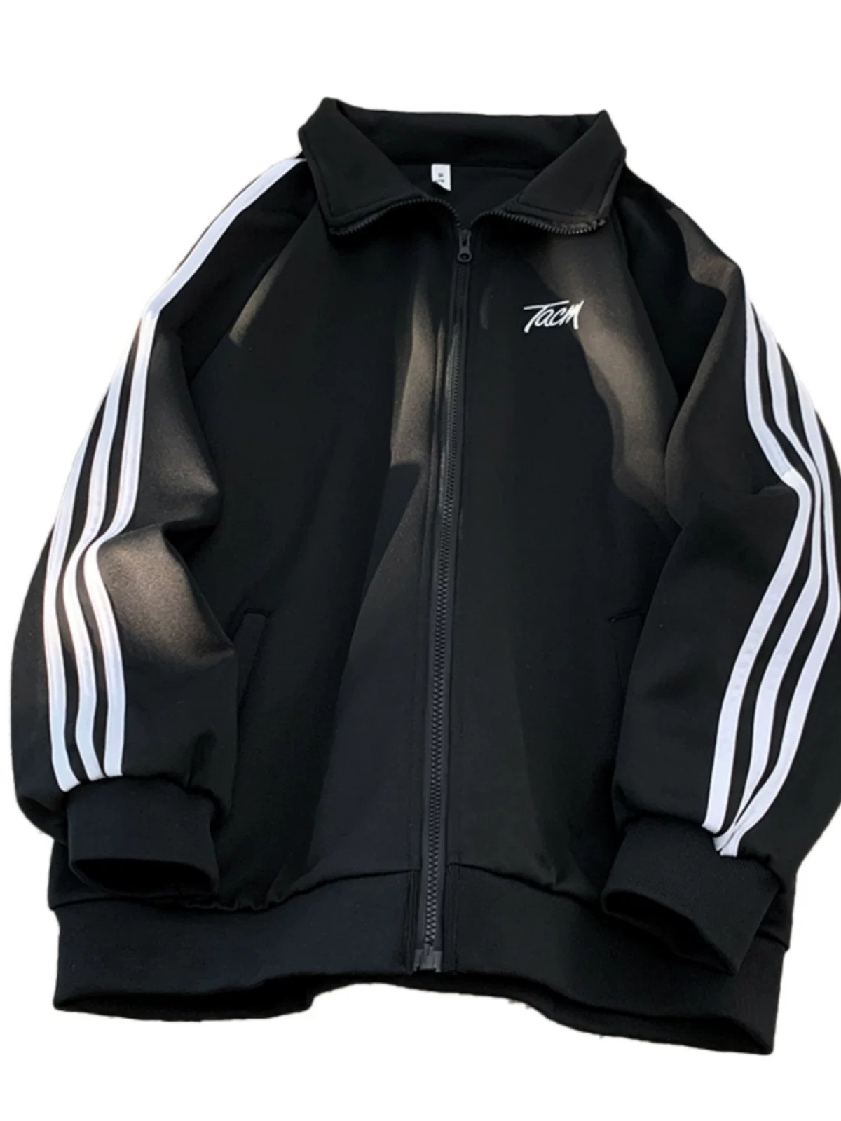 Áo len cardigan ba sọc kiểu Mỹ dành cho nam, cổ đứng, áo khoác thể thao dáng rộng, áo khoác ngoài thông thường đa năng hợp thời trang thu đông.