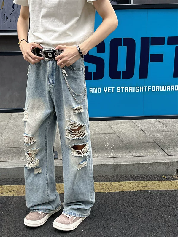Quần jean rách thời thượng dành cho nam, kiểu dáng mỏng mùa hè, quần ống loe kiểu Mỹ, rộng rãi và thoáng mát, quần dài chạm đất.