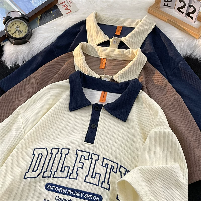 Áo polo retro Mỹ dành cho nam, tay ngắn, thương hiệu thời trang mùa hè, áo thun dệt kim waffle, dáng rộng, đa năng, phong cách cặp đôi, tay áo lửng.