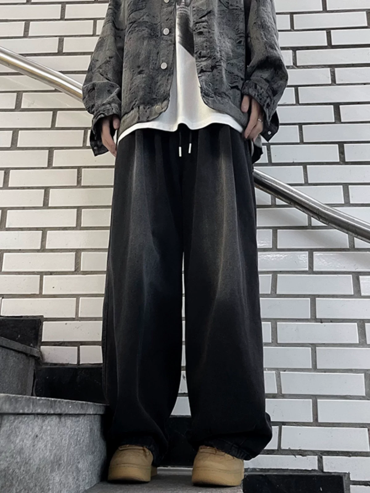 Quần jeans ống rộng phong cách hip-hop dành cho nam, quần dài kiểu Nhật Bản retro mùa xuân hè, quần dài chạm đất có dây rút thời trang, thương hiệu nổi tiếng.