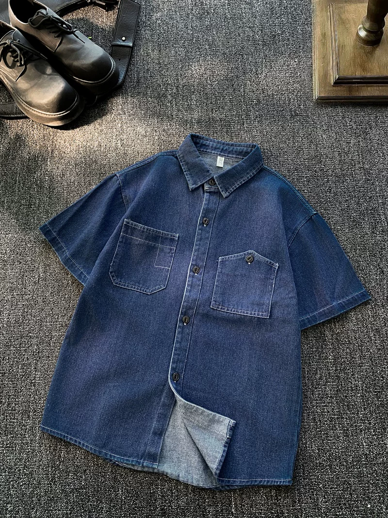 Áo sơ mi denim ngắn tay phong cách retro của Mỹ dành cho nam, áo công sở có ve áo rộng rãi mùa hè, áo khoác sơ mi thương hiệu thời thượng sành điệu