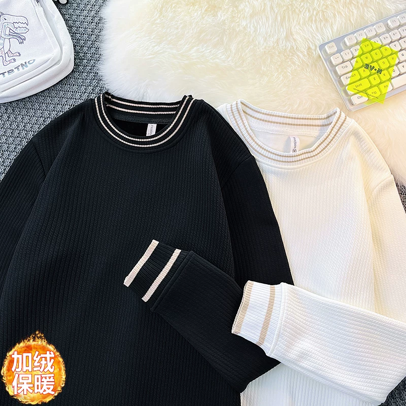 Áo nỉ cổ tròn phối màu cho nam, lớp lót lông cừu dày dặn giữ ấm mùa đông, áo ấm đa năng phong cách BF Hồng Kông thời thượng dành cho thanh thiếu niên.