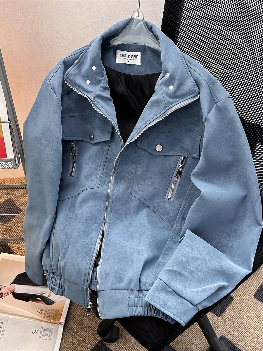 Áo khoác da kiểu Mỹ dành cho nam, mùa xuân, cao cấp, áo khoác da PU cá tính và thời trang, áo khoác Harrington cổ đứng kiểu dáng gọn gàng.