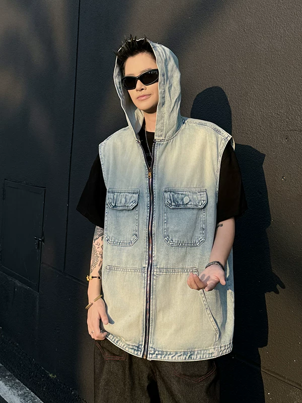 Áo vest denim không tay phong cách cổ điển Nhật Bản dành cho nam, áo khoác có mũ trùm đầu kiểu công sở hợp thời trang, áo khoác vest phá cách phong cách Mỹ mùa hè.