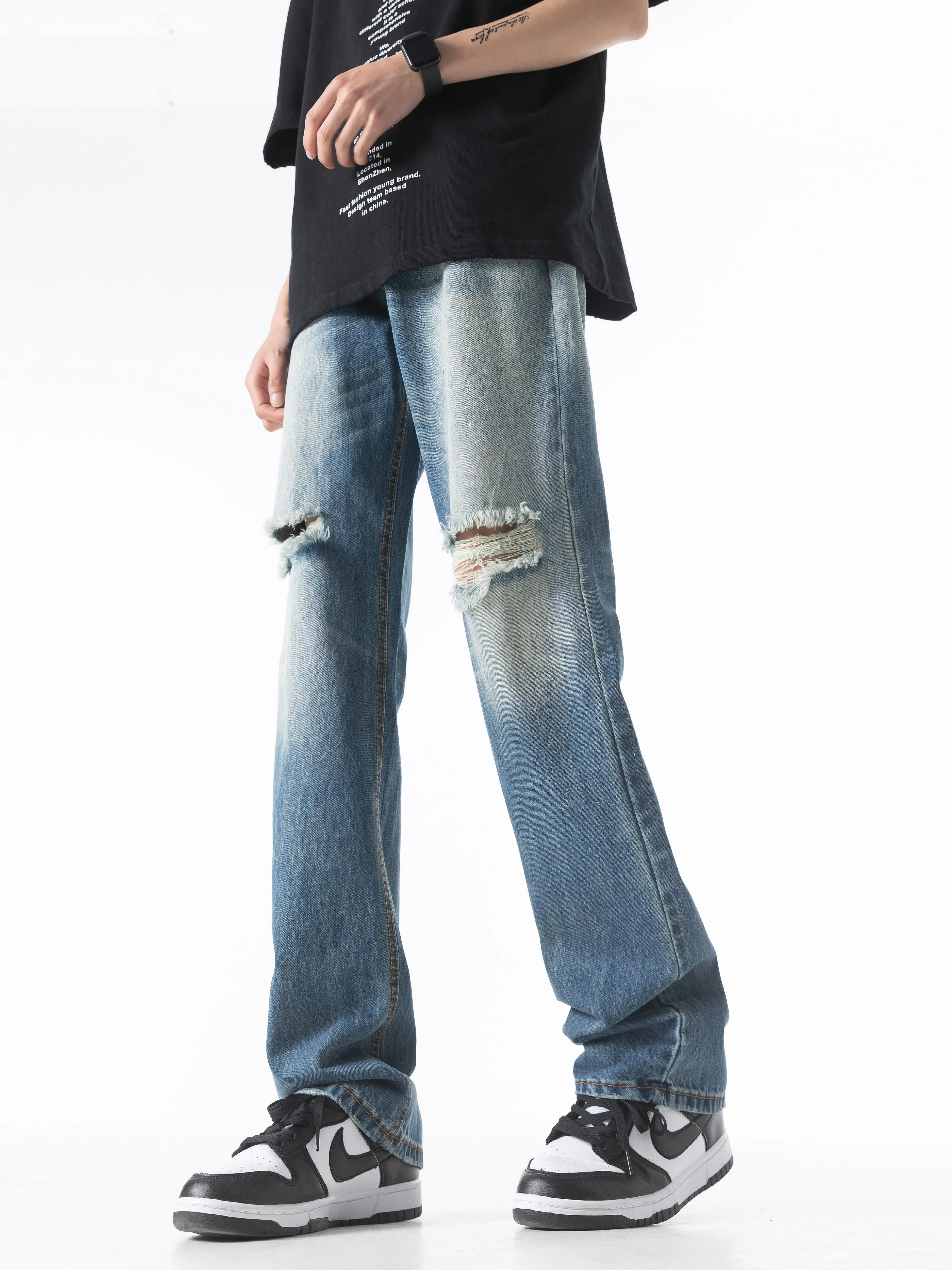 Quần jeans rách phối màu đã qua xử lý giặt mềm dành cho nam, quần ống đứng rộng rãi hợp thời trang mùa thu, quần ống loe phong cách đường phố Mỹ.