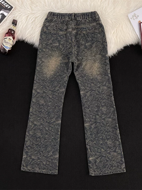 Quần jeans jacquard kiểu Mỹ dành cho nam, quần ống rộng dáng suông retro thời thượng, phong cách đường phố, quần dài ống rộng in họa tiết toàn bộ.
