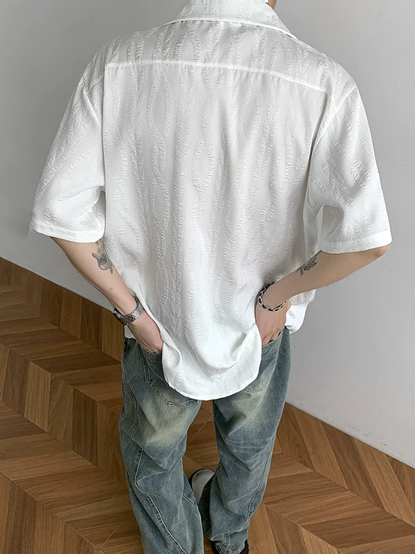 Áo sơ mi nam cao cấp chất liệu jacquard, tay ngắn, thiết kế mỏng nhẹ mùa hè, kiểu dáng rộng rãi, áo sơ mi cổ Cuba thời trang, phong cách casual.