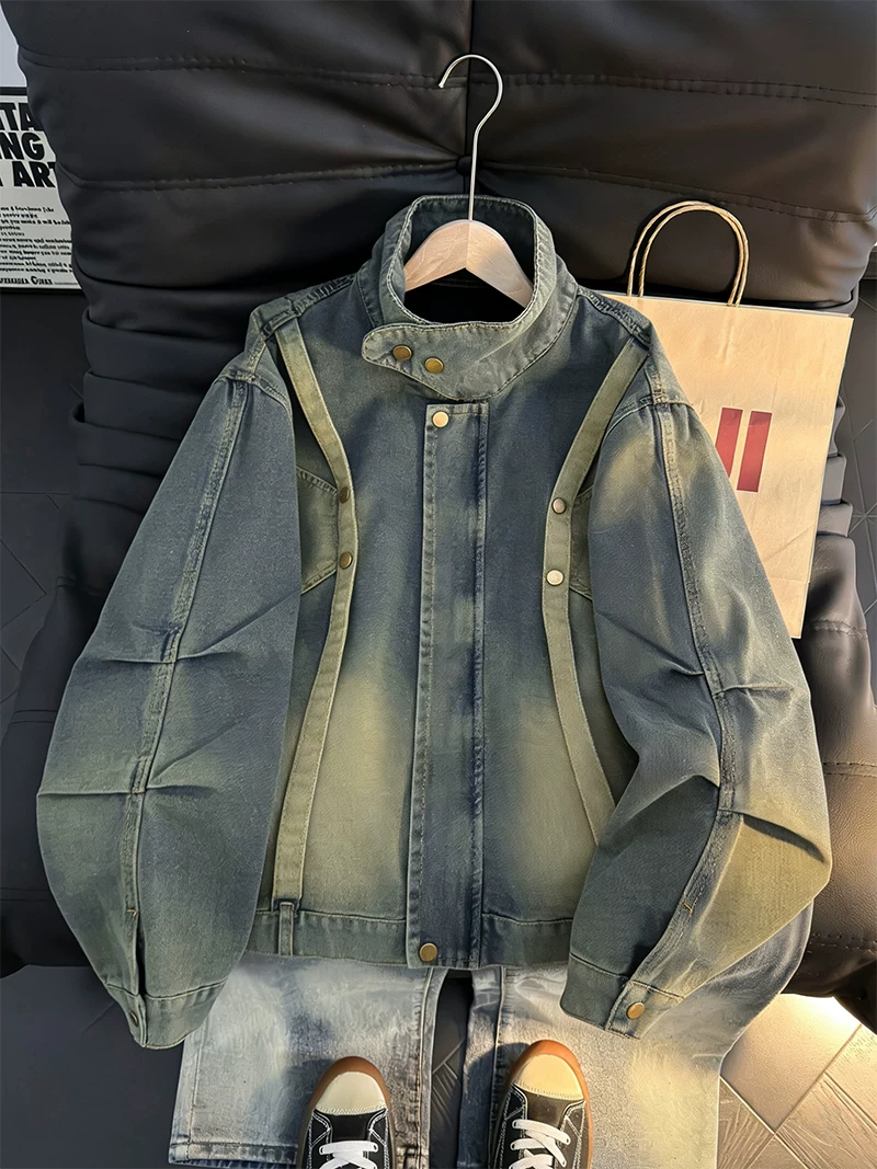 Áo khoác denim cổ đứng có thể giặt được dành cho nam, áo khoác có khóa kéo dáng rộng hợp thời trang mùa xuân thu, áo khoác cao cấp và phong cách Mỹ.