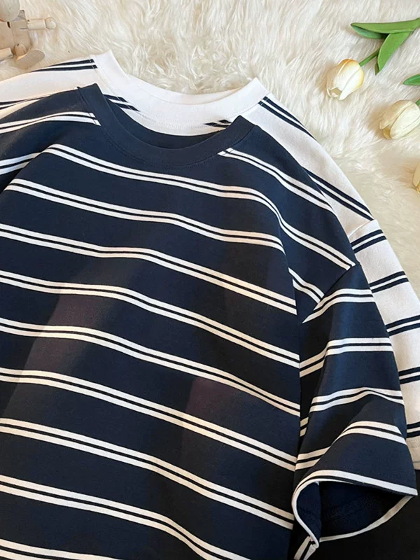 Áo thun nam tay ngắn sọc cotton nguyên chất, phong cách Nhật Bản và Hồng Kông mùa hè, dáng rộng, thương hiệu thời thượng, đa năng, áo đôi học sinh.