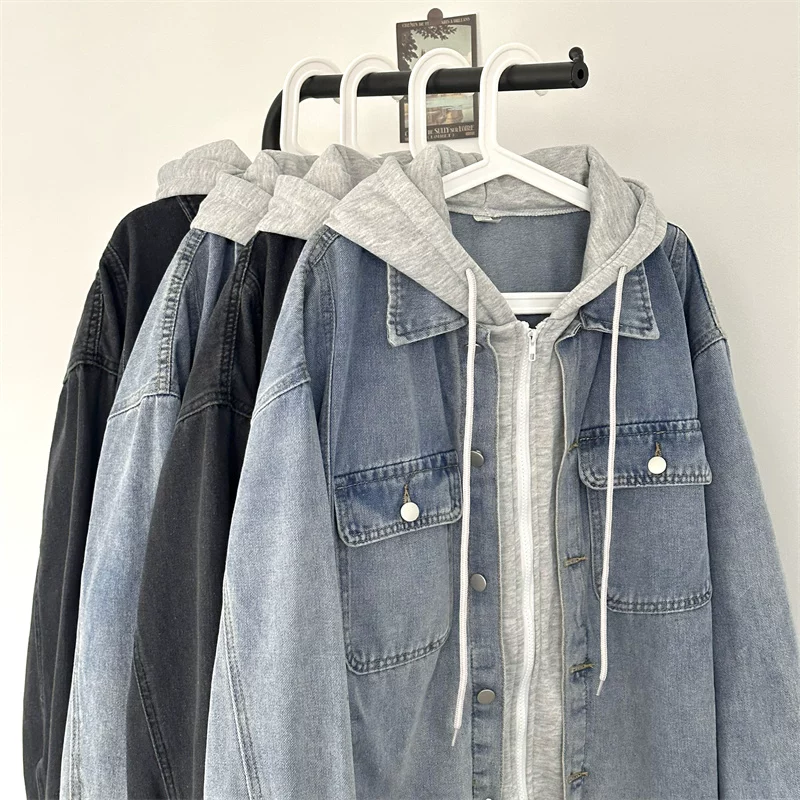 Áo khoác denim giả hai mảnh phong cách Hồng Kông, áo khoác nam sinh viên đa năng, áo khoác có mũ trùm đầu dáng rộng hợp thời trang mùa xuân thu