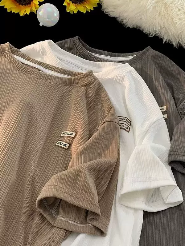 Áo thun ngắn tay có nhãn hiệu Ice Silk dành cho nam, áo thun dáng rộng kiểu Nhật Bản cổ tròn nửa tay phong cách Hồng Kông mùa hè hợp thời trang dành cho cặp đôi