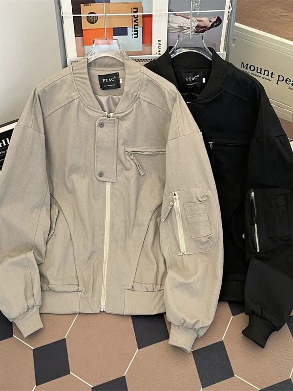 Áo khoác bomber vải canvas đã qua xử lý giặt cho nam, áo khoác bóng chày thời trang xuân thu, áo khoác ngoài cao cấp kiểu Mỹ ngắn, phong cách thường ngày.
