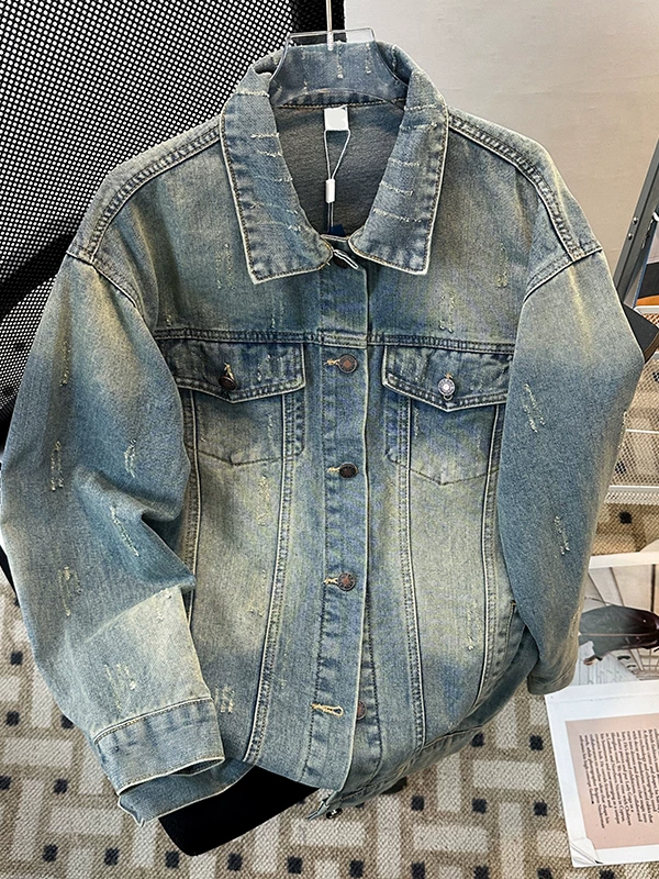 Áo khoác denim đã qua xử lý, hiệu ứng râu ria, dành cho nam, thiết kế thời trang xuân thu, kiểu dáng rộng rãi, phong cách retro Mỹ, áo khoác kiểu workwear.