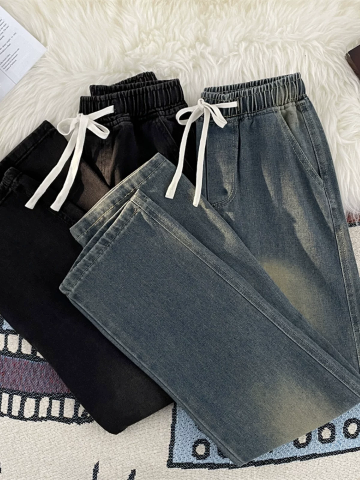 Quần jean denim kiểu Mỹ dành cho nam, thương hiệu thời thượng, quần lưng thun dây rút mùa thu đông, quần dài ống rộng thoải mái.