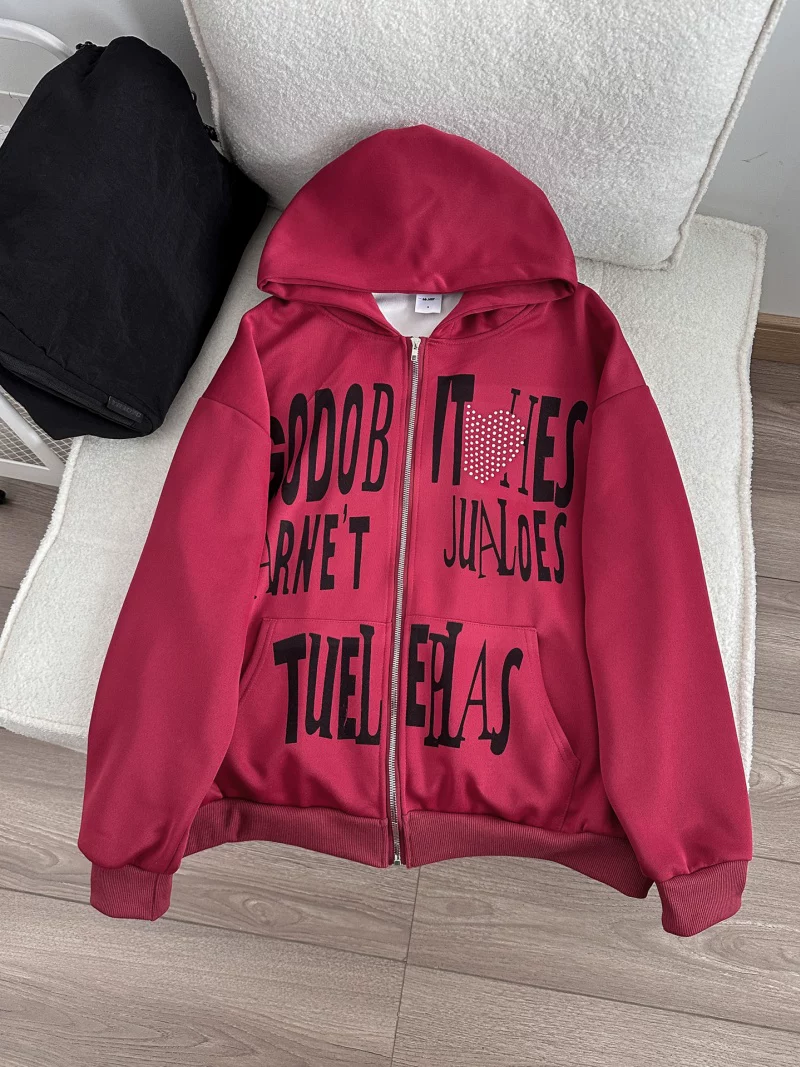 Áo khoác cardigan in chữ kiểu Mỹ dành cho nam, áo khoác có khóa kéo dáng rộng mùa xuân thu, áo khoác thiết kế đính đá thời trang.