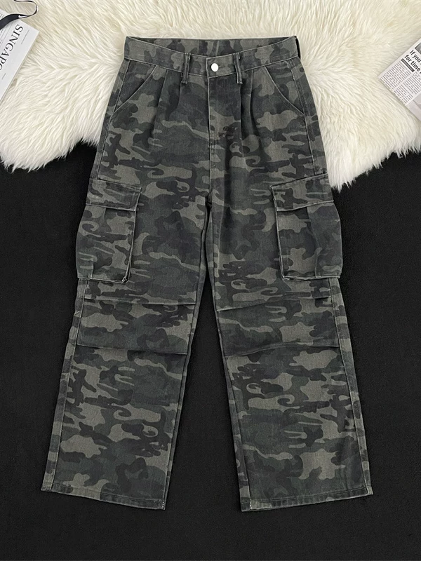 Quần jean công sở ngụy trang dành cho nam, quần dài ống rộng dáng suông thời trang mùa hè, quần dài ống rộng phong cách đường phố Mỹ.