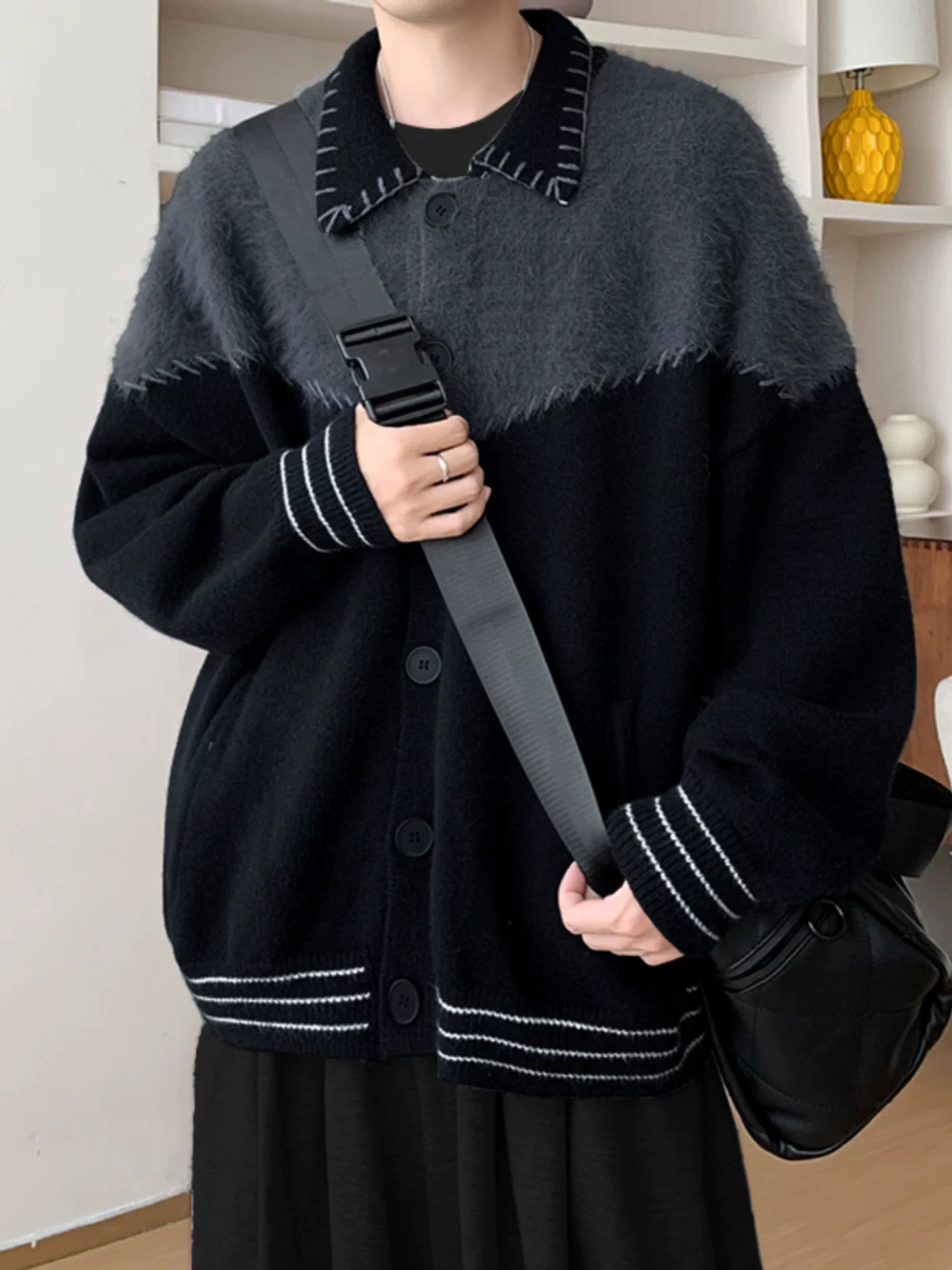 Áo len cardigan phối màu cho nam, áo dệt kim cổ điển kiểu Mỹ, áo khoác dáng rộng hợp thời trang cho mùa xuân và mùa thu.