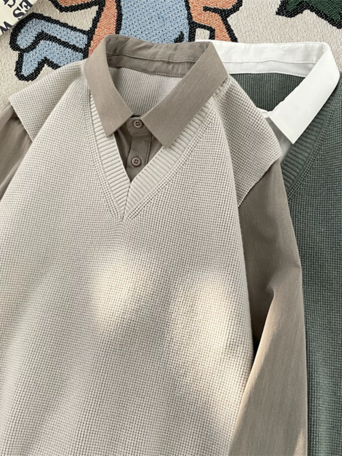 Áo sơ mi giả hai mảnh kiểu Nhật dành cho nam, áo len dệt kim thời trang xuân thu, áo sơ mi dáng rộng phong cách Mỹ.