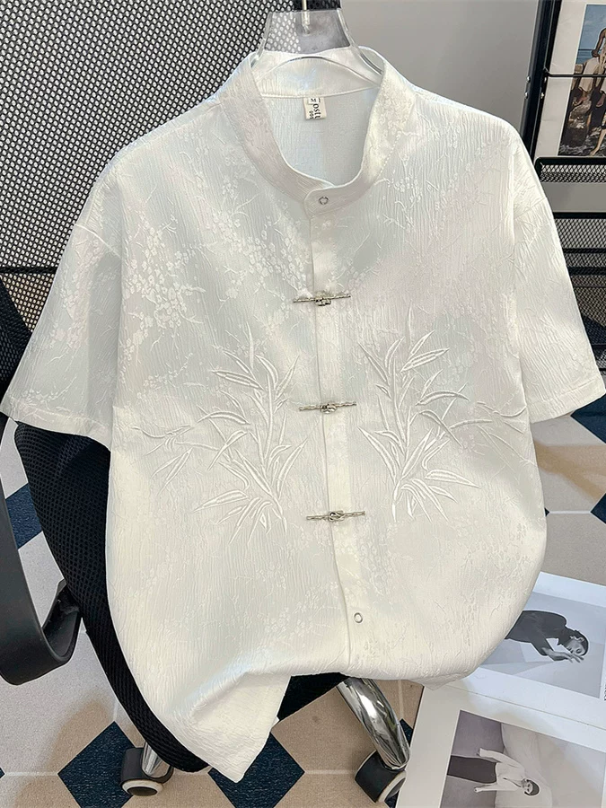 Áo sơ mi nam cổ đứng thêu, kiểu Trung Quốc mới thời thượng với khuy cài truyền thống, áo khoác retro phong cách thường ngày.