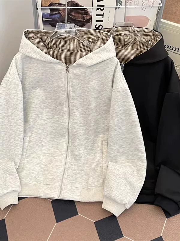 Áo len cardigan họa tiết răng cưa dành cho nam và nữ, áo khoác dáng rộng phong cách Mỹ thời thượng mùa thu đông, áo khoác có mũ thiết kế có thể đảo ngược.