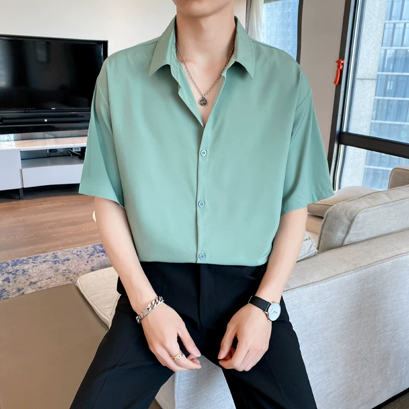 Áo sơ mi ngắn tay mỏng mùa hè phong cách Nhật Bản Áo sơ mi ngắn tay lụa băng nam phiên bản Hàn Quốc áo kiểu dáng rủ mát mẻ hợp thời trang