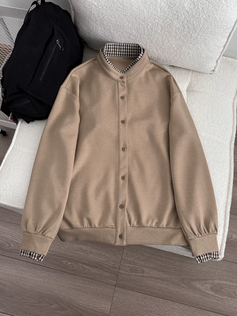Áo khoác giả hai mảnh phong cách Mỹ dành cho nam và nữ, áo cardigan chắp vá kẻ sọc xuân thu, áo cao cấp dáng rộng hợp thời trang.