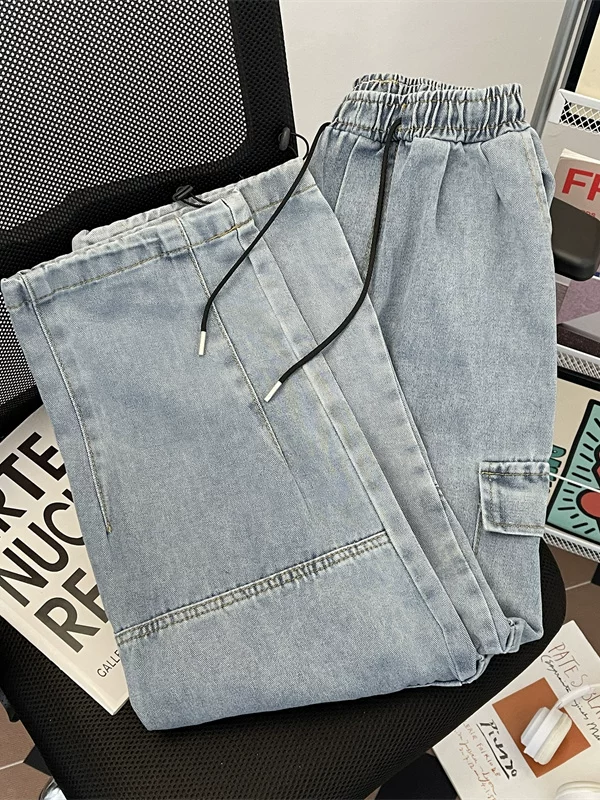 Quần jean công sở lưng thun cho nam, thương hiệu thời thượng của Mỹ, túi lớn, quần ống rộng, quần dài phong cách retro Nhật Bản.
