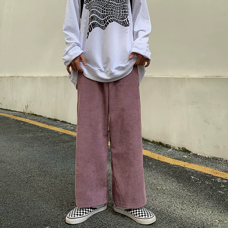 Quần nam mùa xuân thu, phong cách Hồng Kông, quần vải nhung cổ điển, thương hiệu thời thượng, dáng rộng, túi lớn, ống thẳng, quần dài chạm đất.