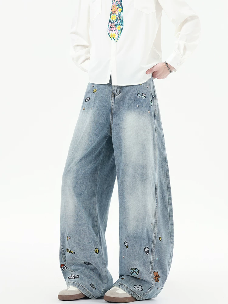 Quần jean thêu hình kiếm phong cách Mỹ dành cho nam và nữ, quần dài ống đứng giặt mài thời thượng, quần ống rộng đa năng dành cho các cặp đôi.