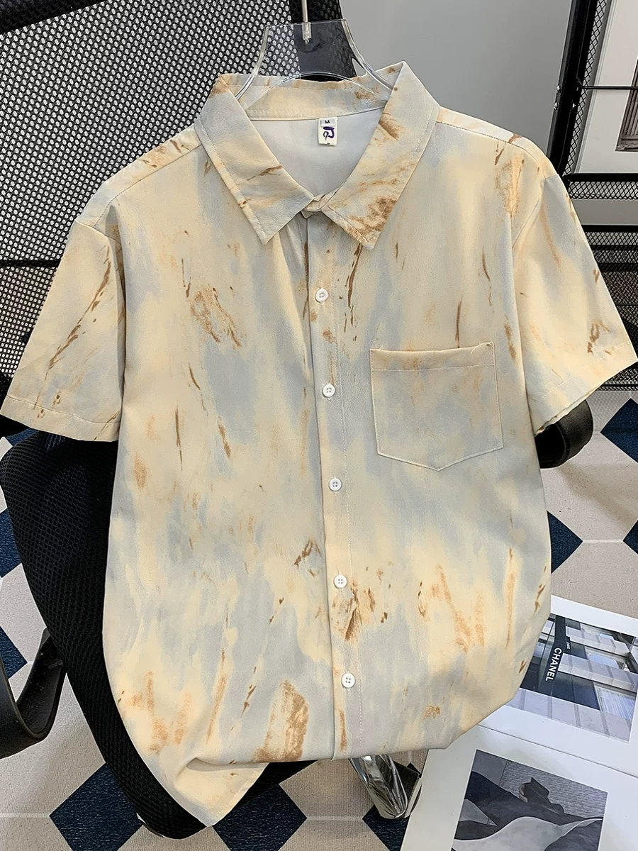 Áo sơ mi ngắn tay chất liệu lụa băng nhuộm tie-dye dành cho nam, áo kiểu Mỹ mùa hè rộng rãi thoải mái, áo kiểu Hawaii phóng khoáng