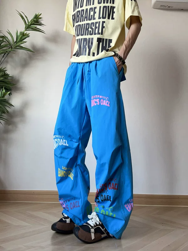 Quần dù in chữ kiểu Mỹ có dây rút dành cho nam và nữ, quần dài rộng rãi thoải mái mùa hè, quần jogger nhẹ, nhanh khô dành cho cặp đôi.