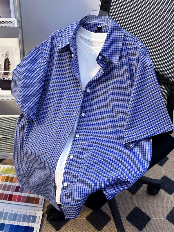 Áo sơ mi ngắn tay phong cách retro Mỹ dành cho nam, áo nửa tay thời trang mùa hè, áo sơ mi kẻ sọc cityboy Nhật Bản