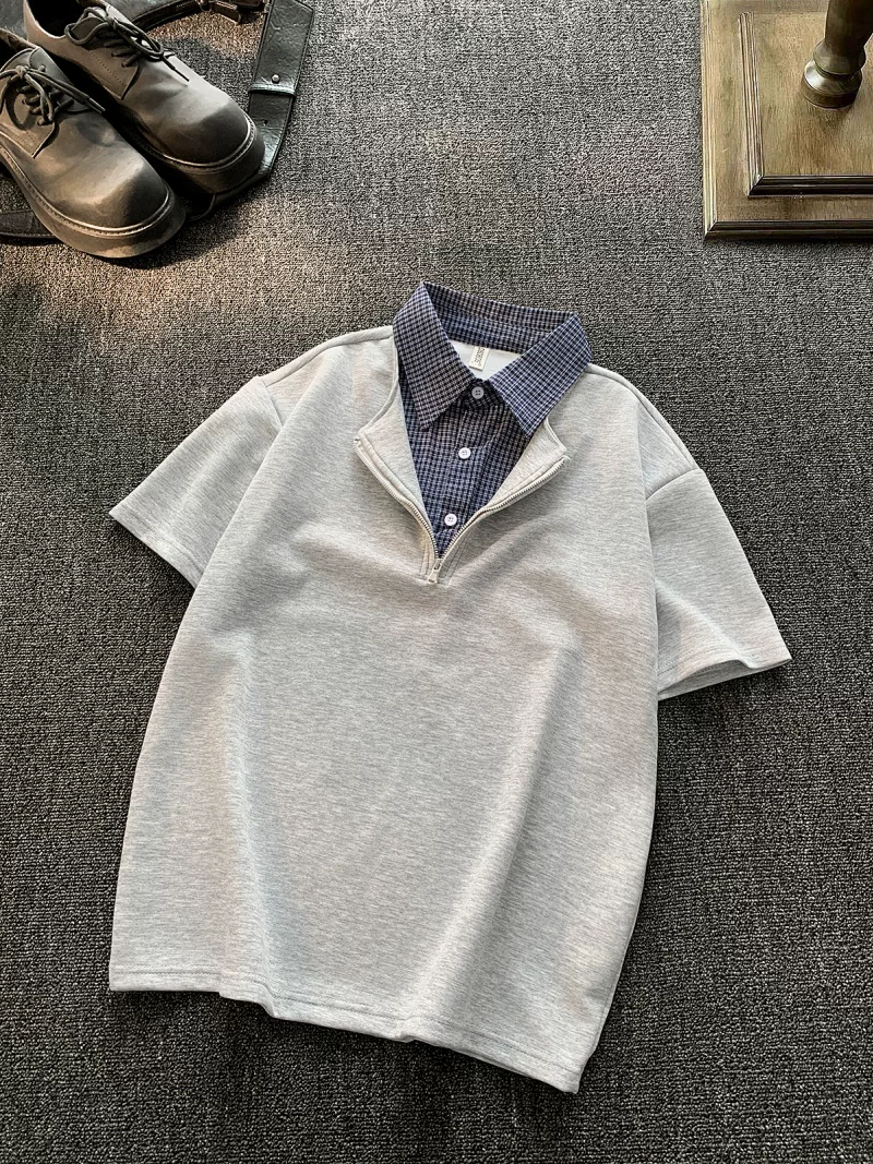 Áo sơ mi Polo giả hai mảnh kiểu Mỹ dành cho nam, áo kẻ sọc mùa hè, áo sơ mi dáng rộng có cổ, áo sơ mi cơ bản, hợp thời trang.