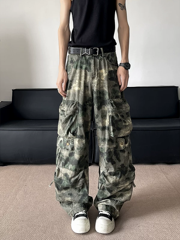 Quần công sở rằn ri kiểu Mỹ dành cho nam, quần ống cong cleanfit mùa xuân thu, quần dài ống rộng nhiều túi thương hiệu thời thượng.