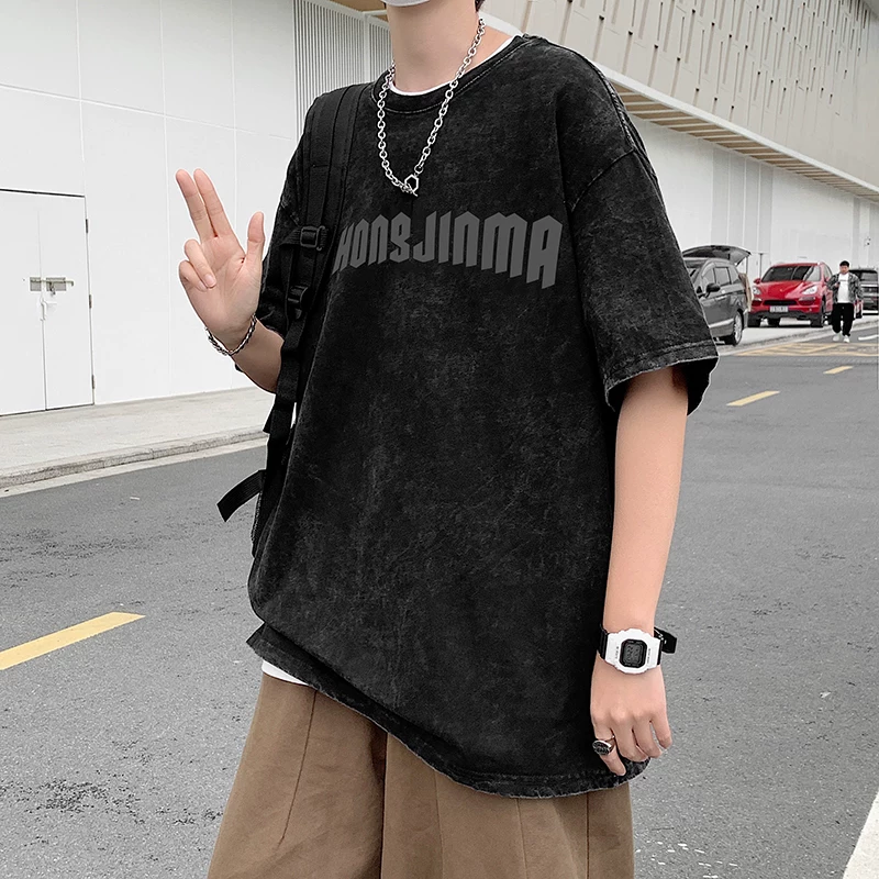 Áo thun tay ngắn vintage chất liệu dày dặn, áo in họa tiết tie-dye phong cách đường phố, áo thun tay lửng rộng rãi thời trang mùa hè dành cho nam.