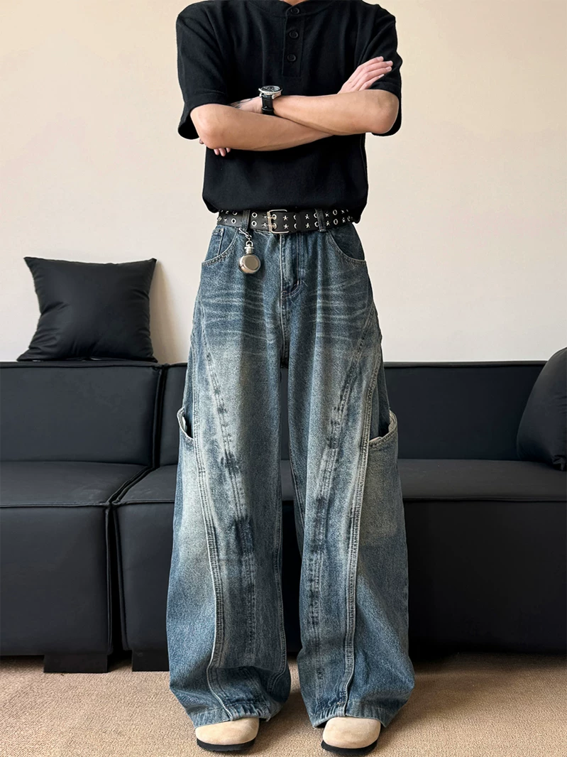 Quần jean nam kiểu dáng thiết kế thời trang, quần ống đứng phối vải phong cách Mỹ, quần ống rộng retro phong cách đường phố.