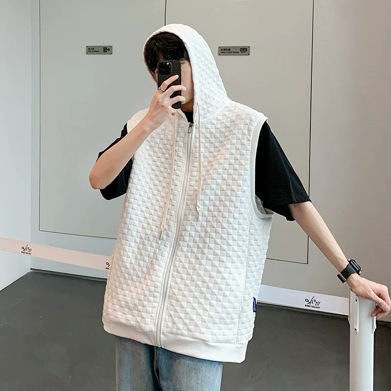 Áo vest dệt kim dành cho nam, thương hiệu thời trang mùa hè, áo nỉ không tay có mũ trùm đầu rộng rãi, phong cách Hồng Kông, áo nỉ không tay đa năng dành cho cặp đôi.