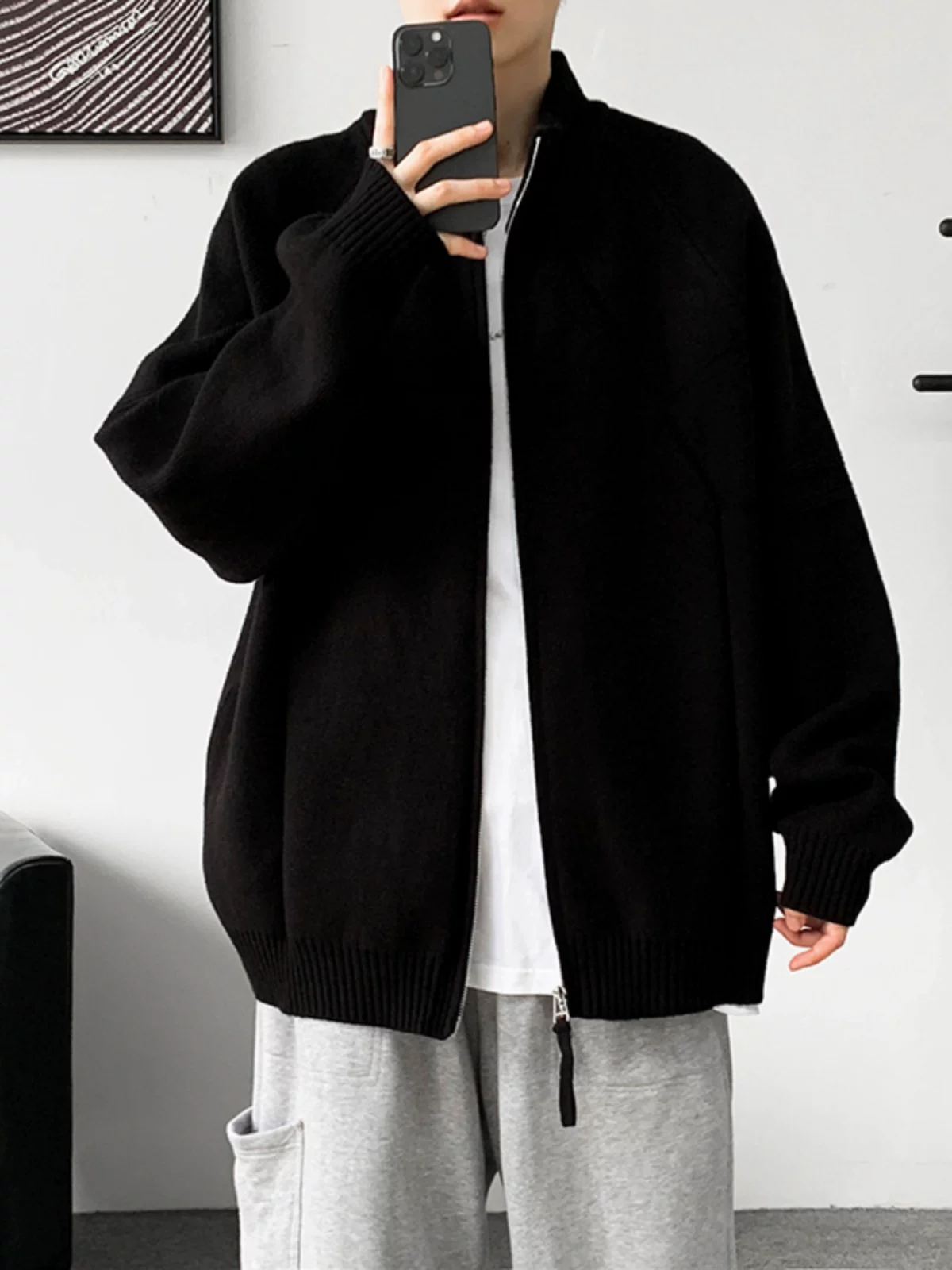 Áo len cardigan nam có khóa kéo đôi, dáng rộng, cổ đứng, kiểu dáng thoải mái, áo khoác dệt kim phong cách Mỹ thời thượng mùa xuân thu.