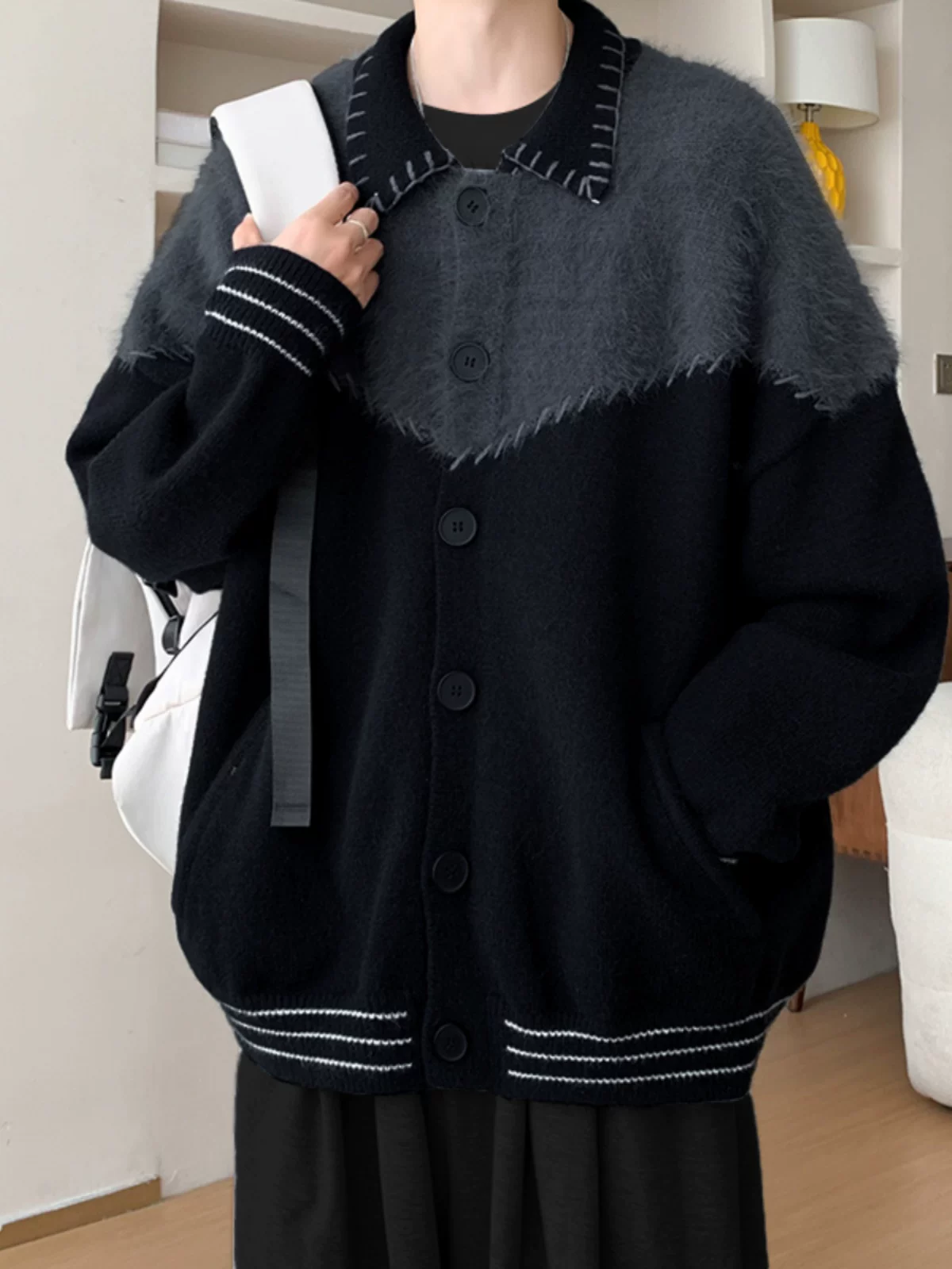 Áo len cardigan phối màu cho nam, áo dệt kim cổ điển kiểu Mỹ, áo khoác dáng rộng hợp thời trang cho mùa xuân và mùa thu.